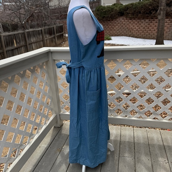 Vintage 90s Denim Maxi Jumper Patio Dress Women S Scottie Dogs Mrs Roper Romp - Picture 4 of 12